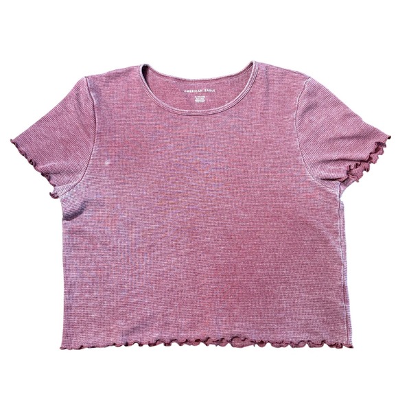 American Eagle Outfitters Tops - American Eagle Womens XL Maroon Waffle Knit Lettuce Edge Short Sleeve Crop Top